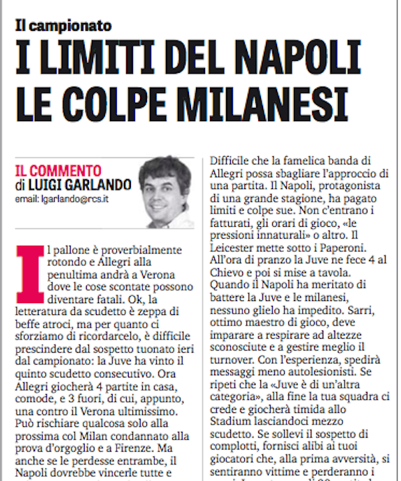 Ora la Gazzetta accusa il lamentoso Sarri “ancora inesperto per l’alta quota”