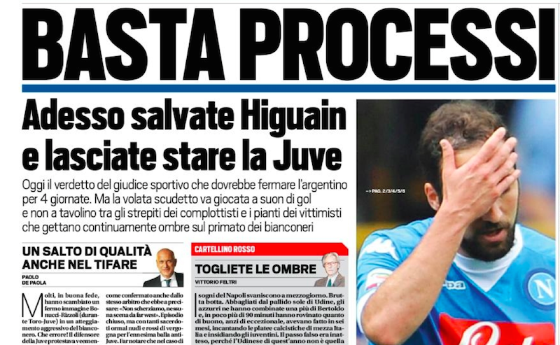 Tuttosport contro la squalifica di Higuain per difendere la regolarità del campionato