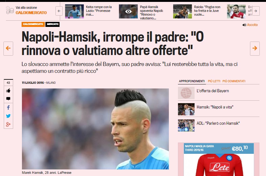 Il papà di Hamsik non ha più parlato, la Gazzetta ricicla frasi di dieci giorni fa