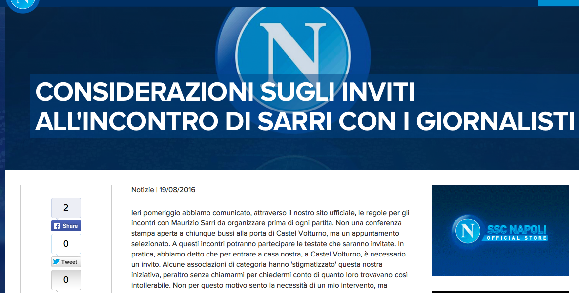 Il Napoli: «Non si è giornalisti per autocertificazione, ovunque conferenze stampa a inviti»