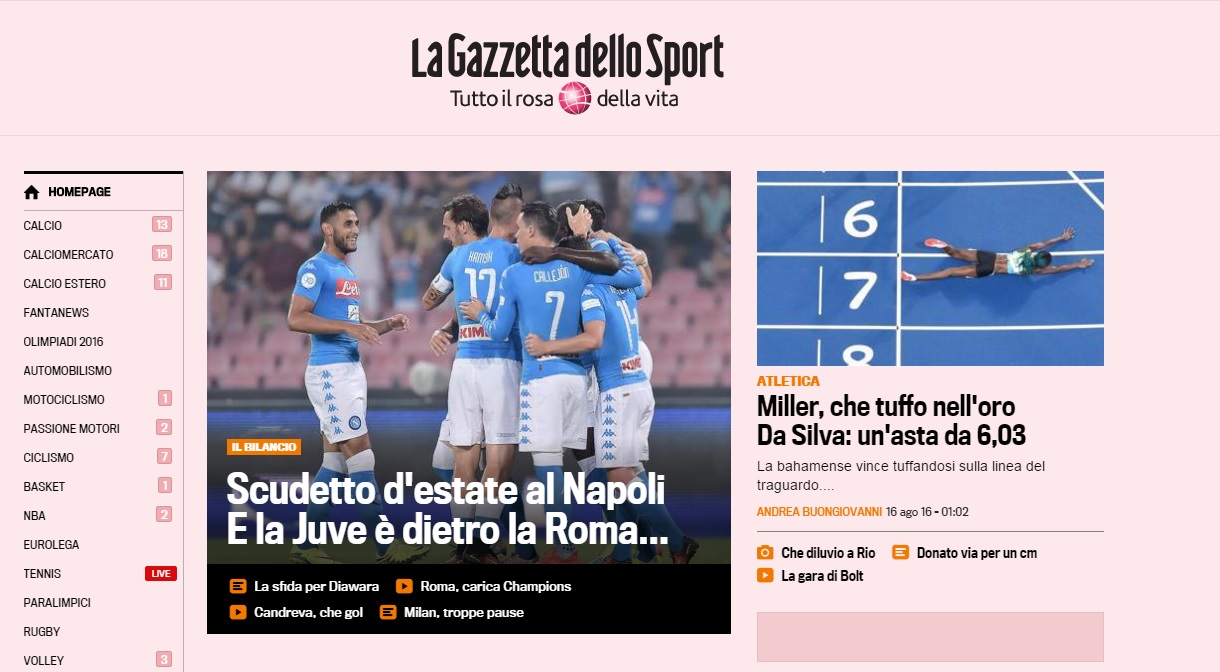 La Gazzetta si ricorda del Napoli: lo scudetto d’estate è azzurro