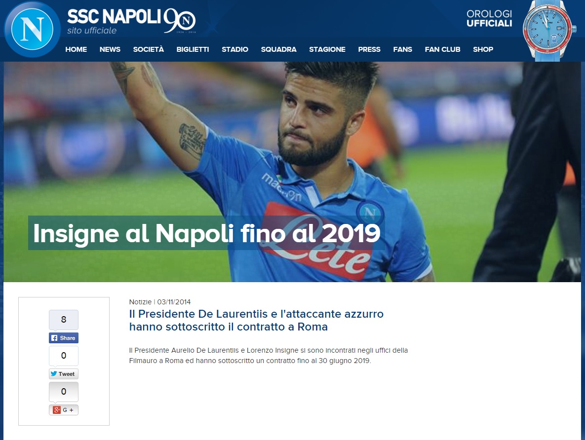 I tifosi del Napoli stanno col Napoli nella vicenda-Insigne (che ha rinnovato nel novembre 2014)