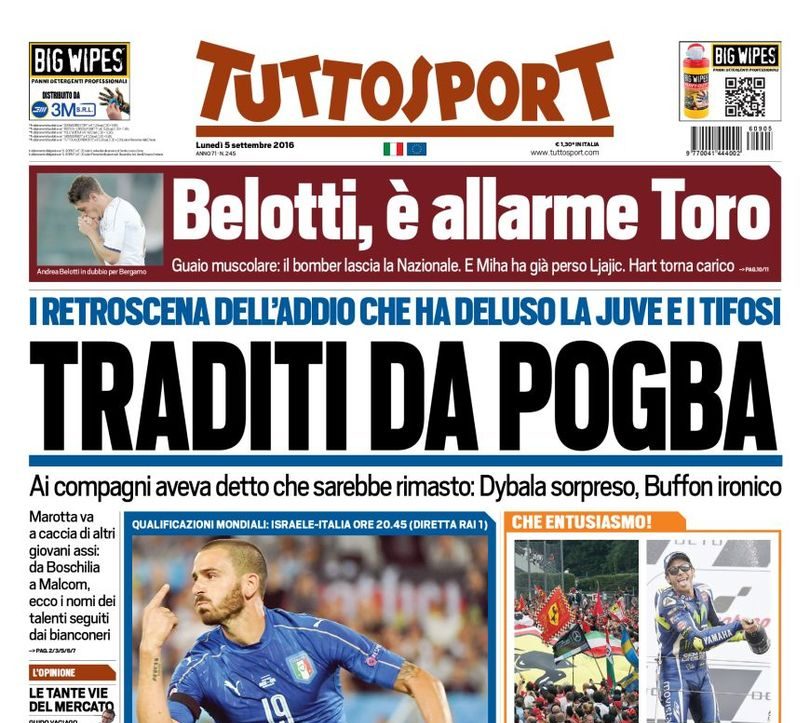 Un mese dopo l’addio di Pogba, la Juventus e Tuttosport scoprono la retorica del tradimento