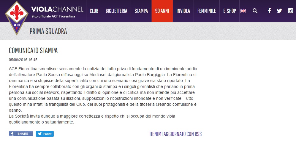 La Fiorentina contro Bargiggia per il caso-Sousa: «Illazioni, ricostruzioni non verificate»