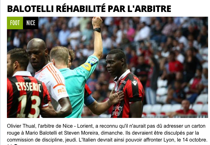 L’arbitro riconosce l’errore e revoca l’espulsione a Balotelli