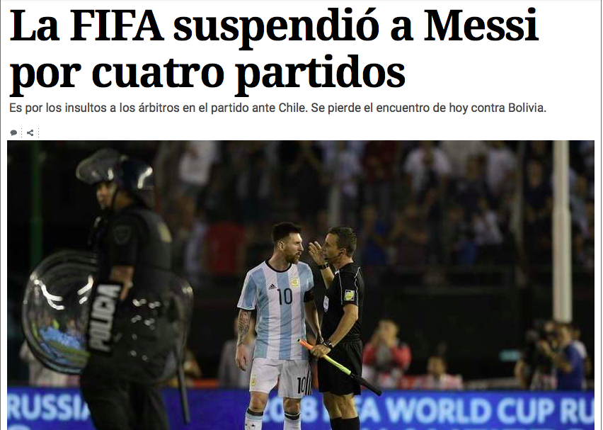 Messi, quattro giornate di squalifica per insulti al guardalinee di Argentina-Cile