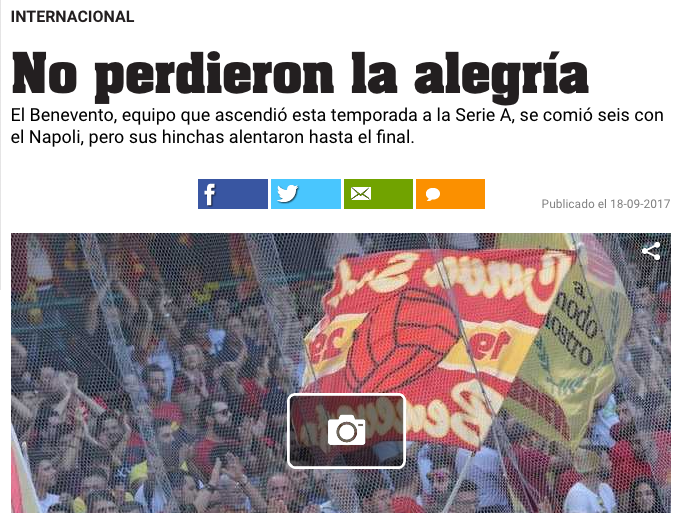 Il Benevento è in difficoltà, i suoi tifosi invece vengono elogiati in Argentina