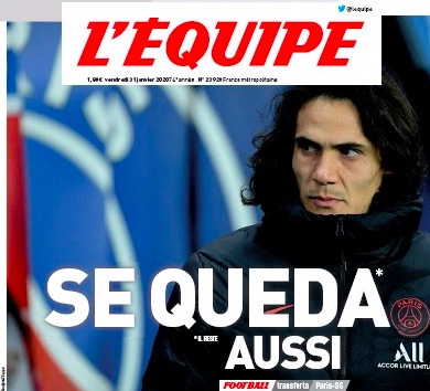 L’Equipe: Cavani resta a Parigi, il Psg non ha voluto rischiare di giocare in Champions contro l’ex