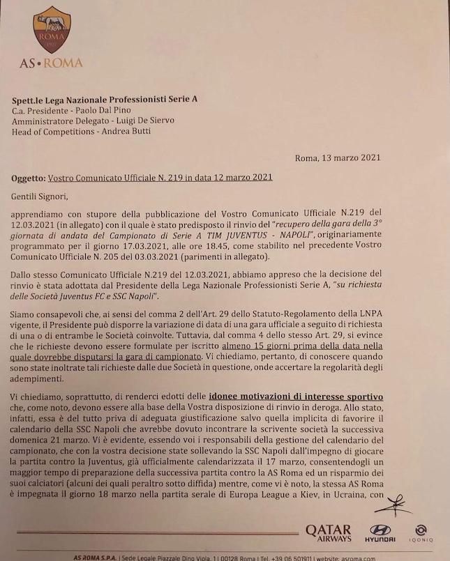 L’accusa della Roma alla Serie A: “Si consente al Napoli il risparmio dei suoi calciatori. Campionato condizionato”