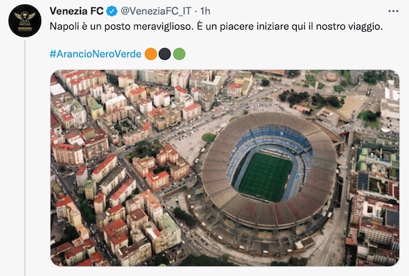 L’omaggio del Venezia su Twitter: Napoli è un posto meraviglioso